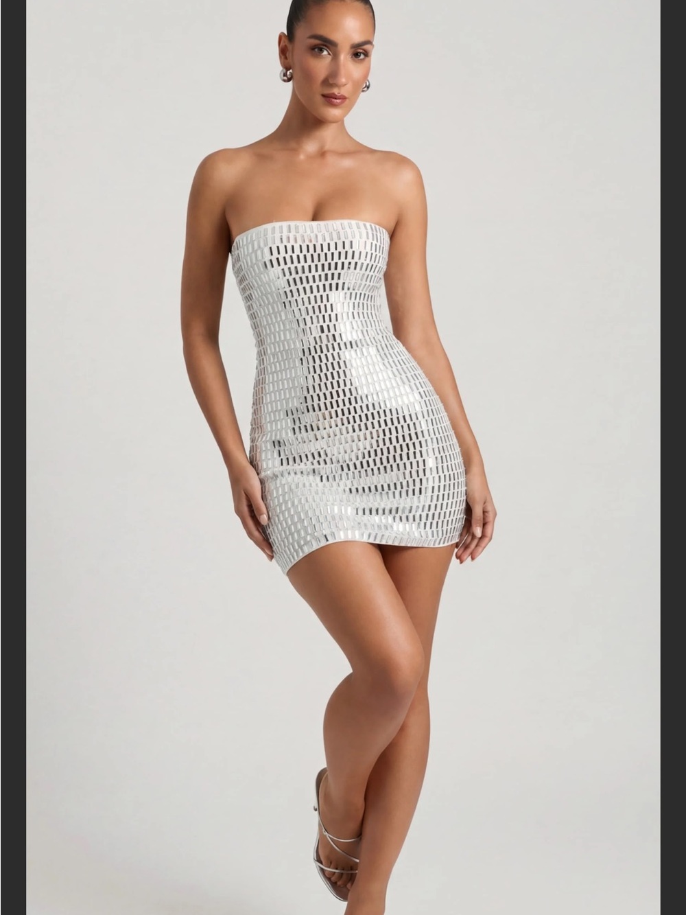 Oh Polly Silver Sequin Strapless Mini Dress